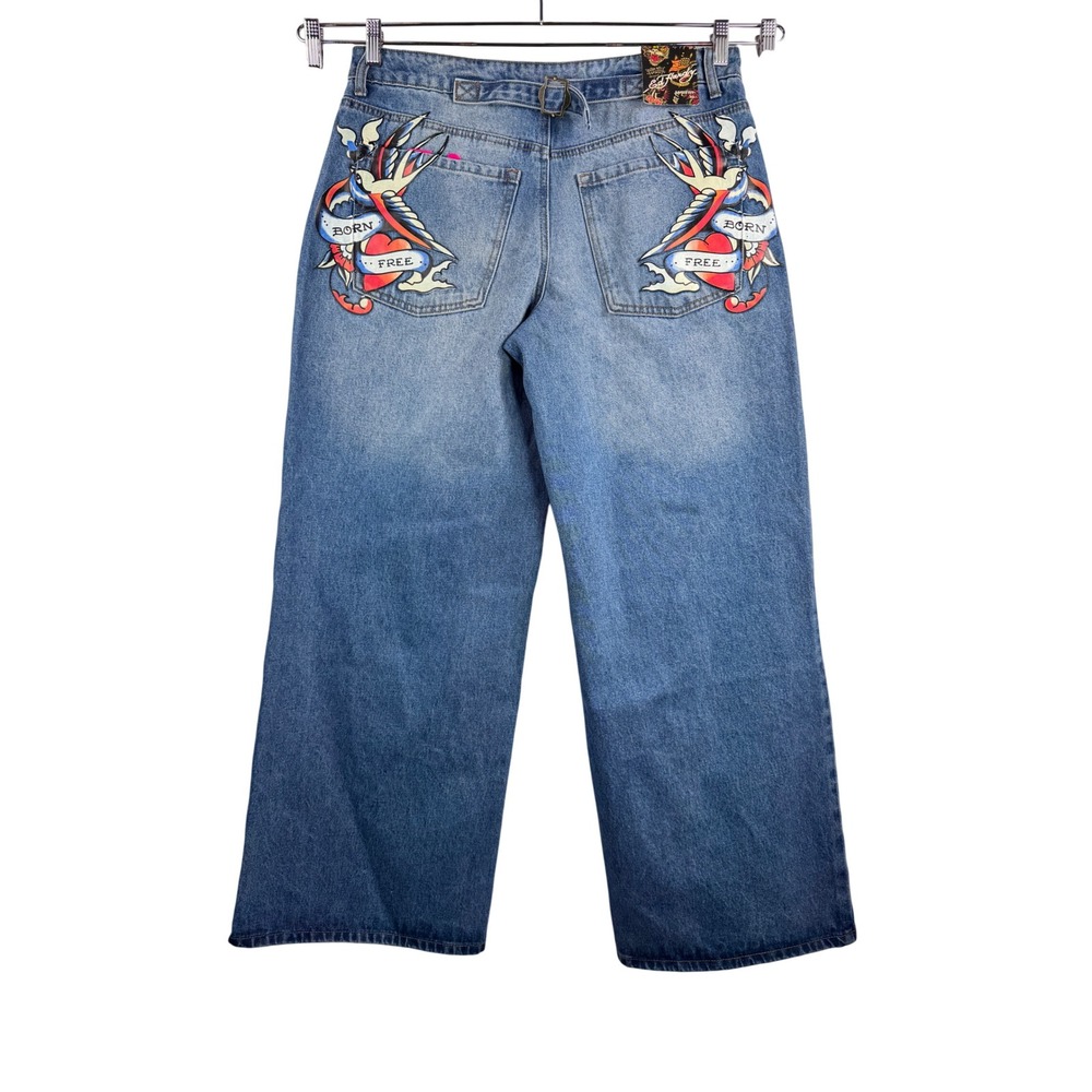 Ed Hardy Wide Leg Jeans baggy grunge Born Free Tattoo Graphic 90s Y2K sz‎ 32